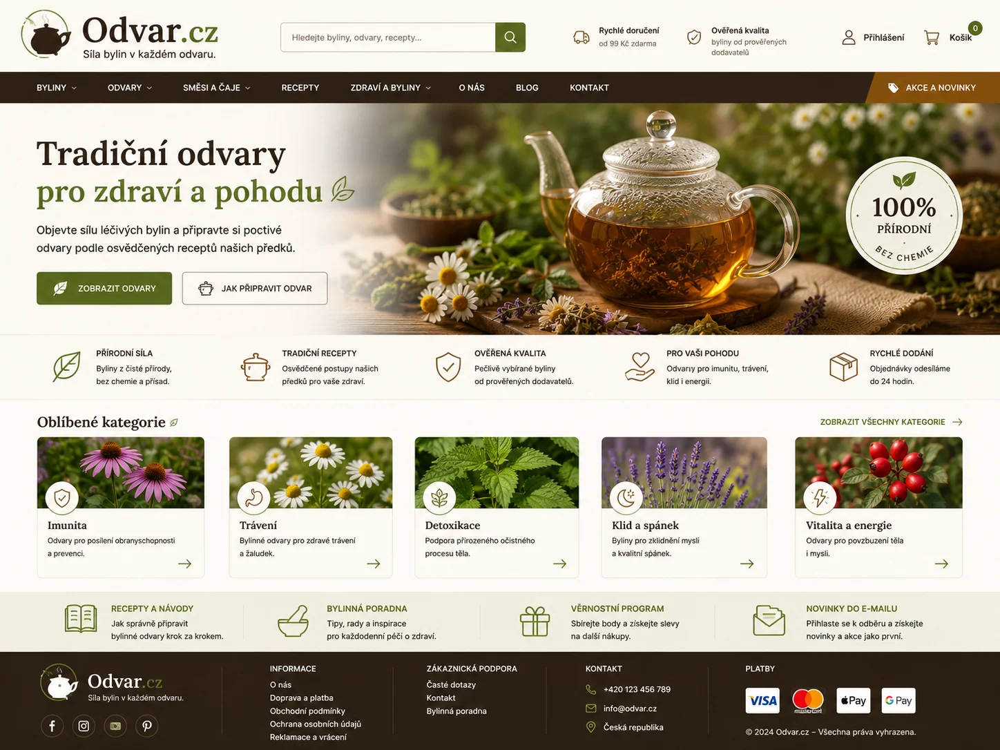 Vizuální návrh možného projektu Odvar.cz zaměřeného na bylinné odvary a tradiční přípravu