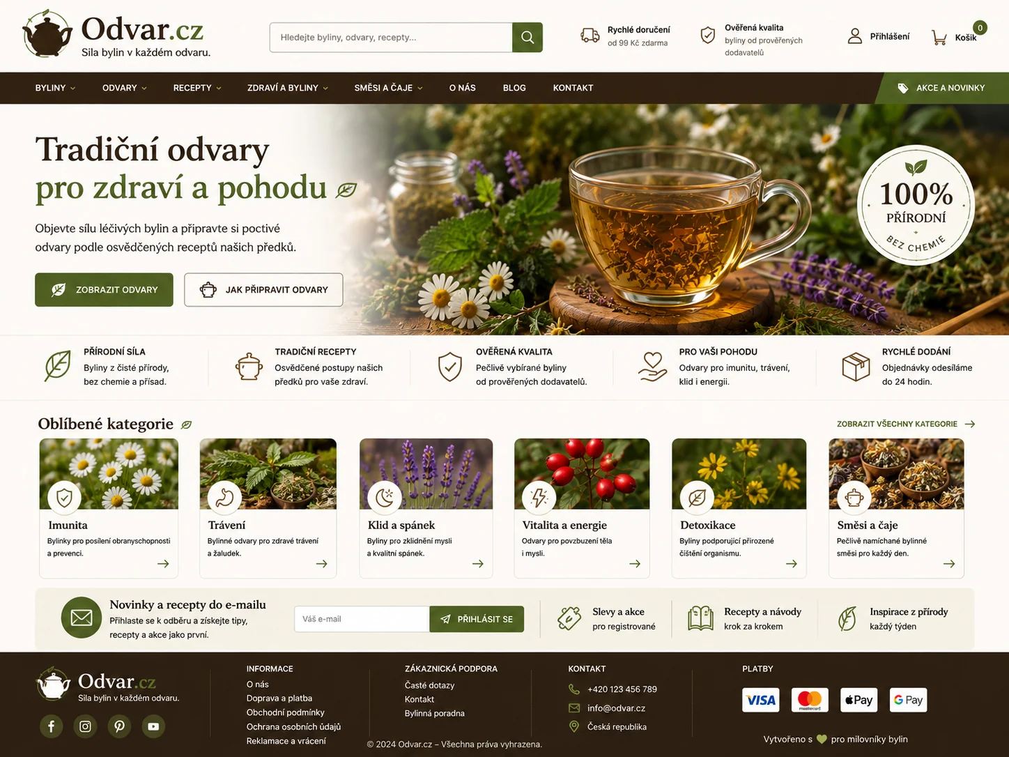 Vizuální návrh možného projektu Odvar.cz zaměřeného na bylinné odvary a tradiční přípravu